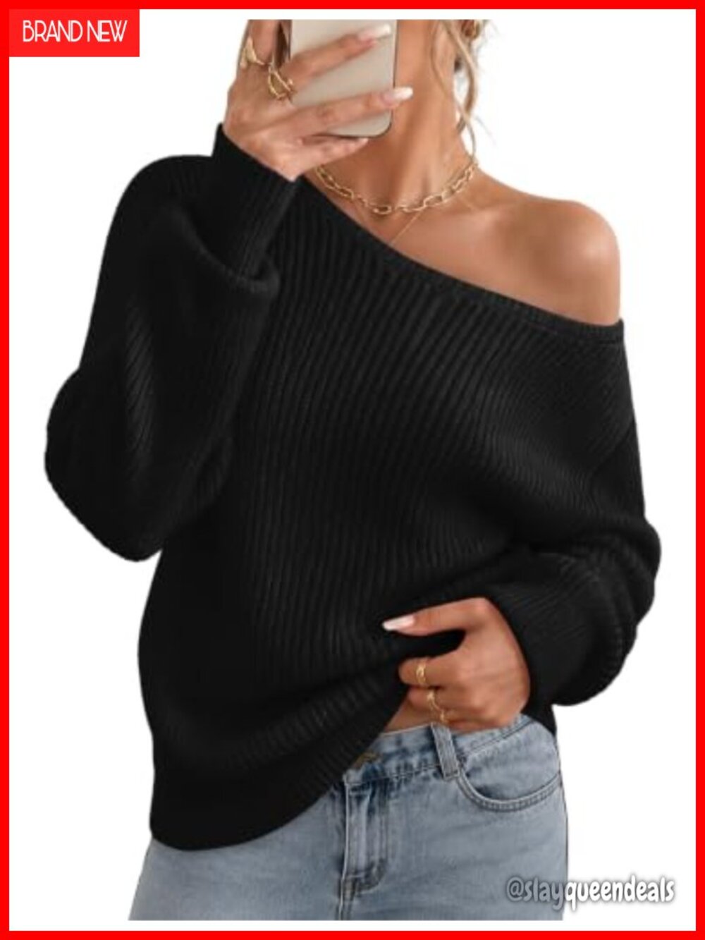 Off Shoulder Crochet Knit Sweater Long Sleeve Pullover